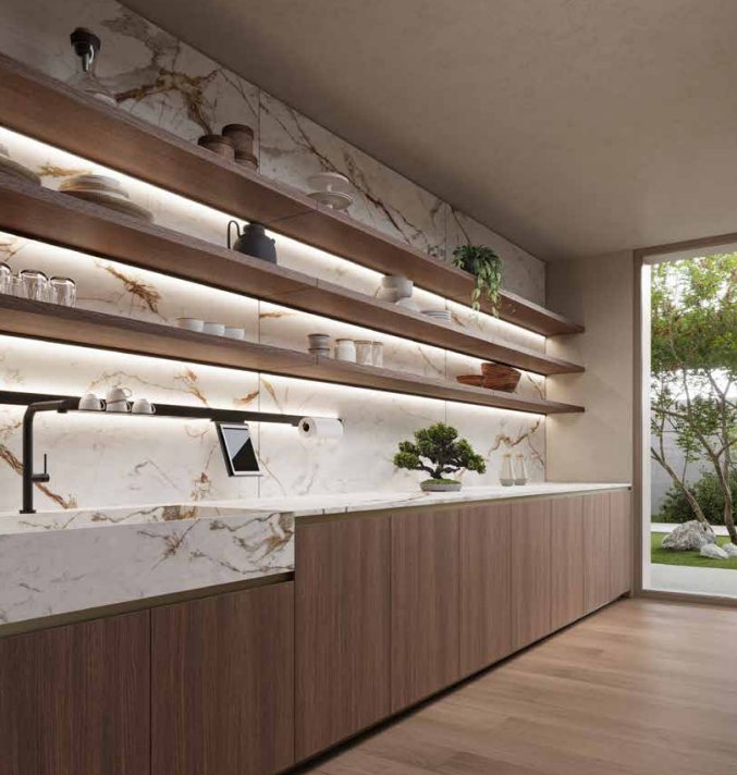 Storage space with open shelving, sink and stone worktop