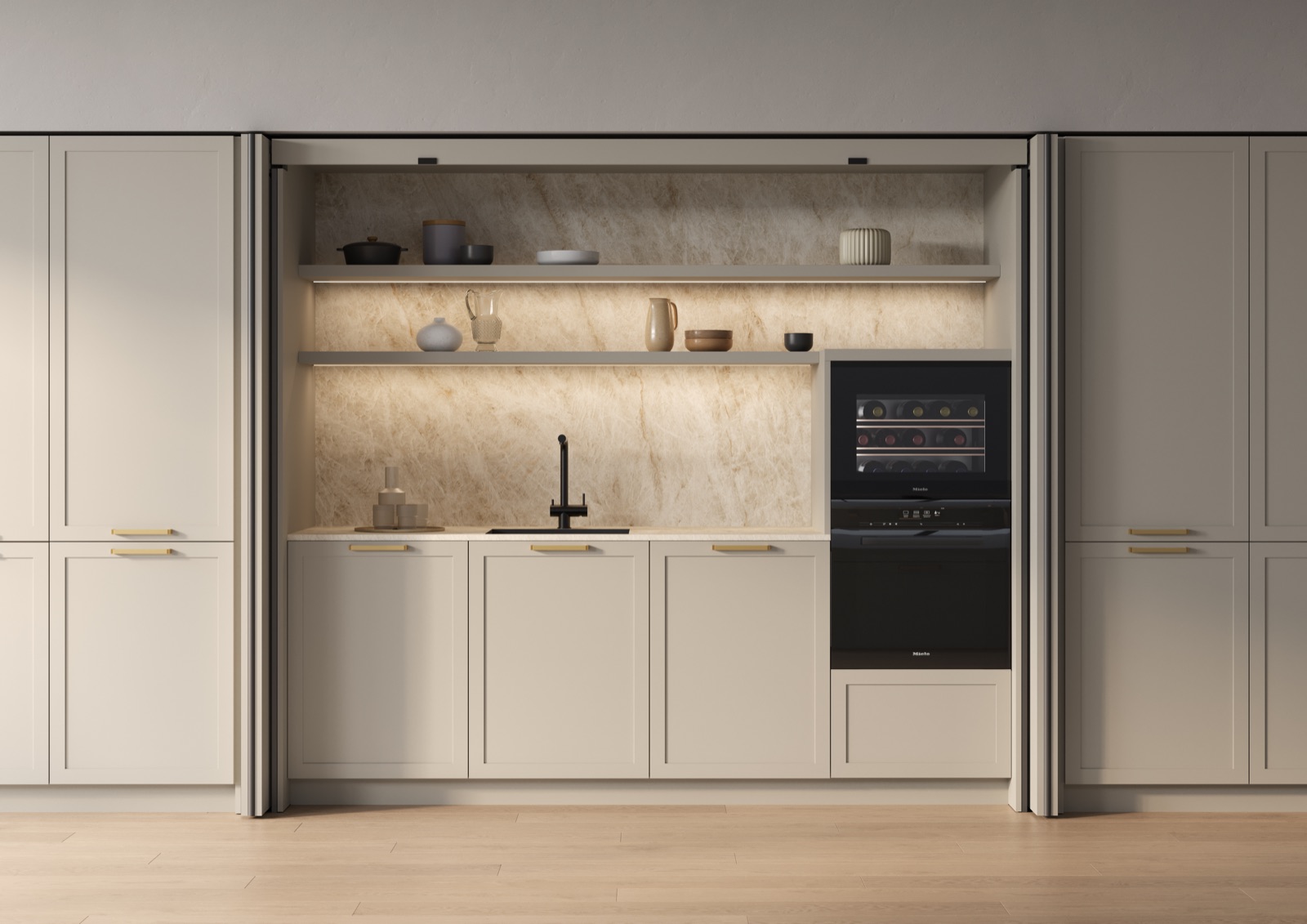 Kitchen hidden behind retractable doors, Zecchinon Frame 5.0